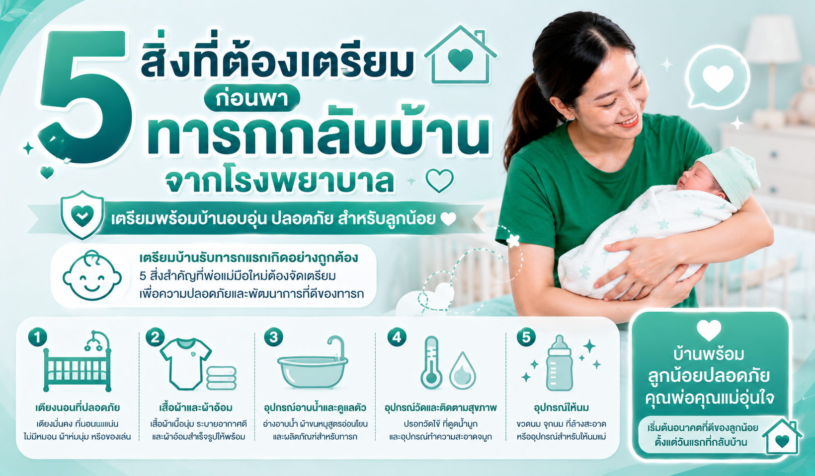 5 สิ่งที่ต้องเตรียมก่อนพาทารกกลับบ้านจากโรงพยาบาล