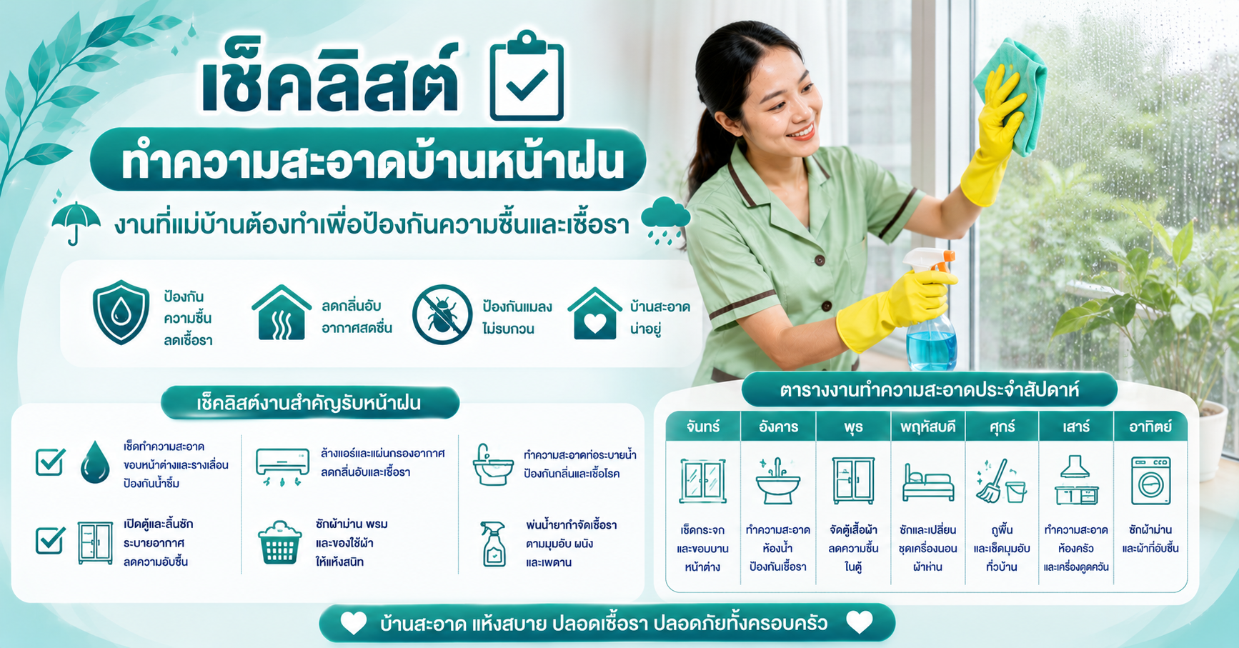 เช็คลิสต์ทำความสะอาดบ้านหน้าฝน งานที่แม่บ้านต้องทำเพื่อป้องกันความชื้นและเชื้อรา