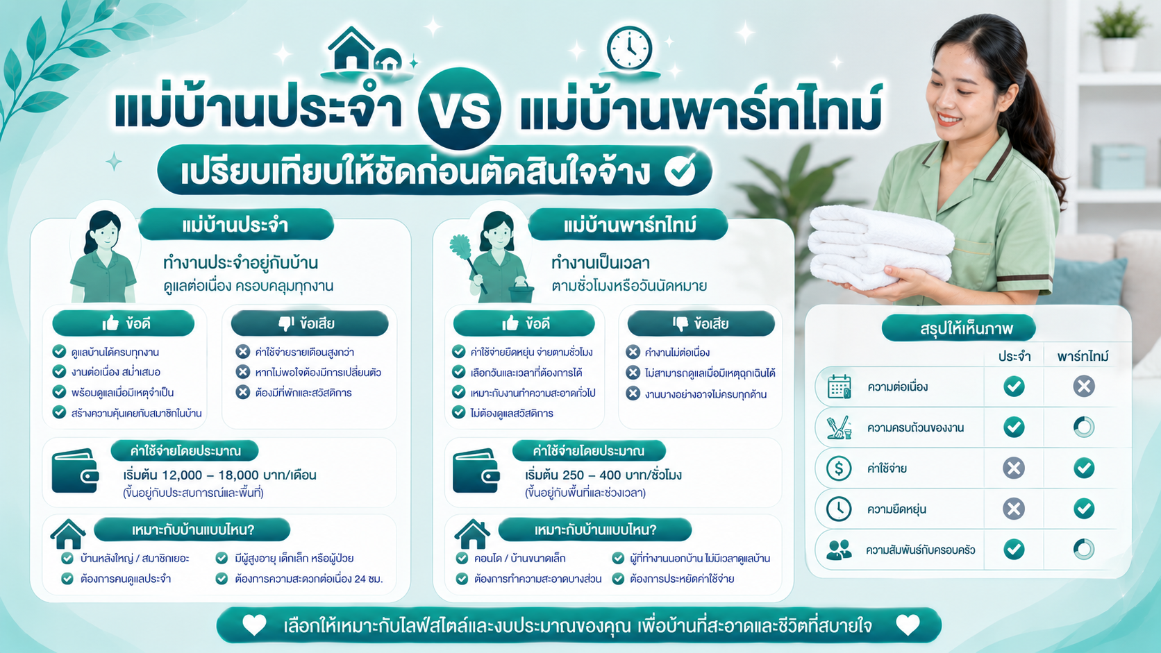 แม่บ้านประจำ vs แม่บ้านพาร์ทไทม์ เปรียบเทียบก่อนตัดสินใจจ้าง
