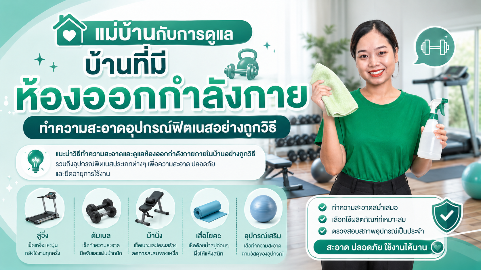 แม่บ้านกับการดูแลบ้านที่มีห้องออกกำลังกาย ทำความสะอาดอุปกรณ์ฟิตเนสอย่างถูกวิธี