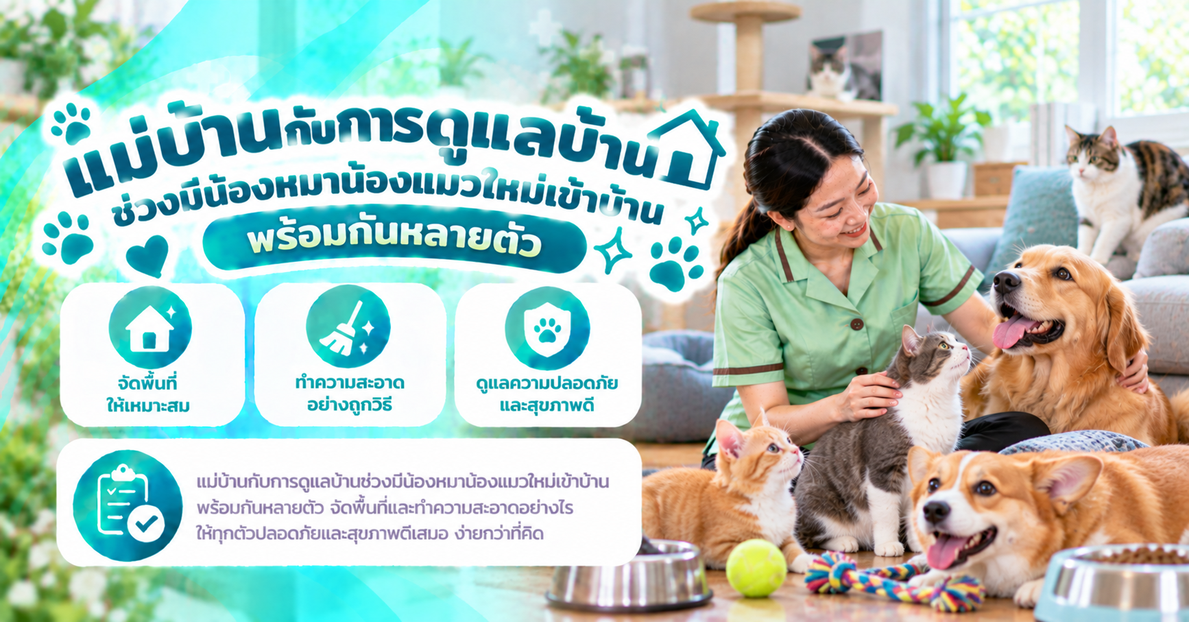 แม่บ้านดูแลบ้านรับสัตว์เลี้ยงใหม่
